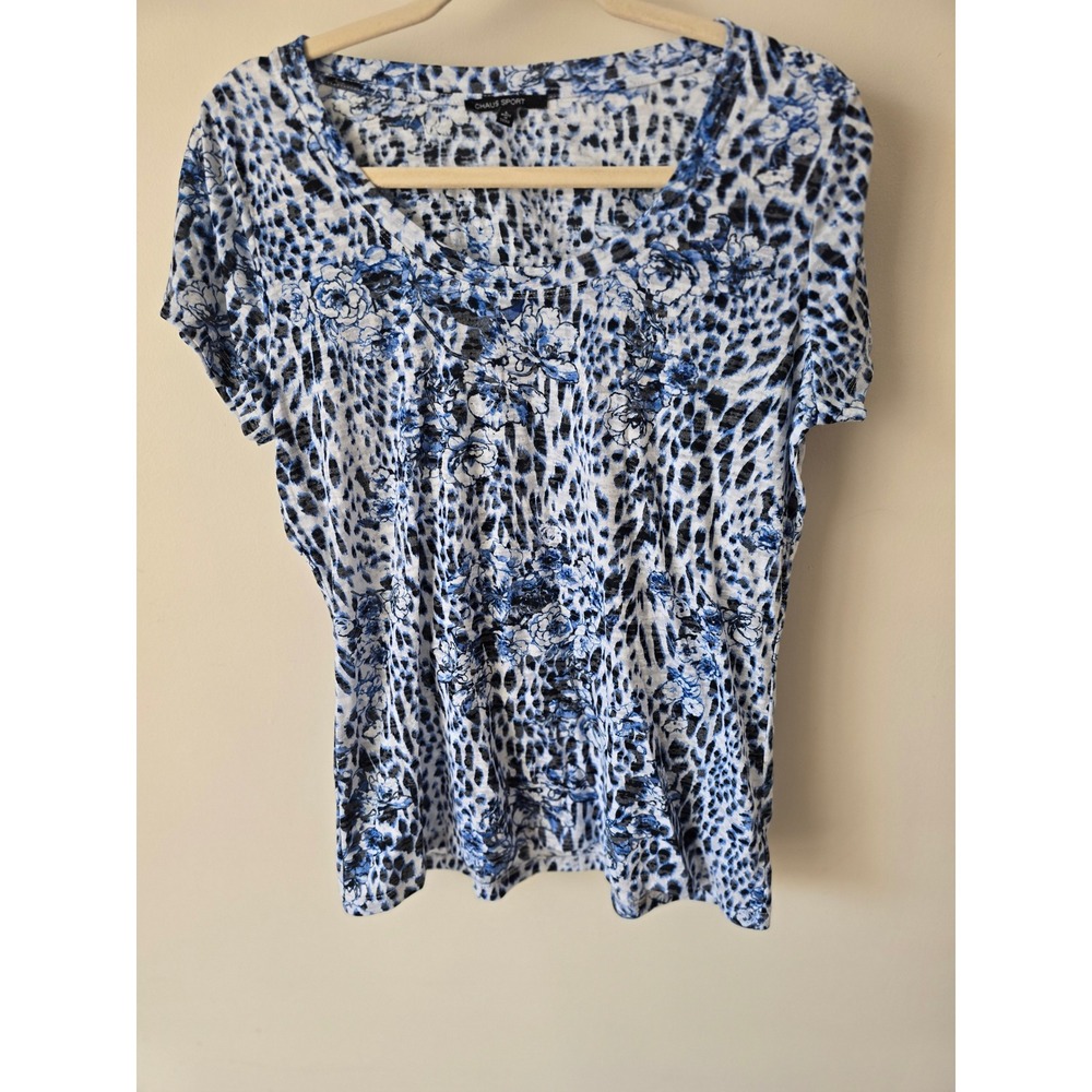 Chaus Sport Womens Blue Leopard Floral Print Scoop Neck Short Sleeve Top Large